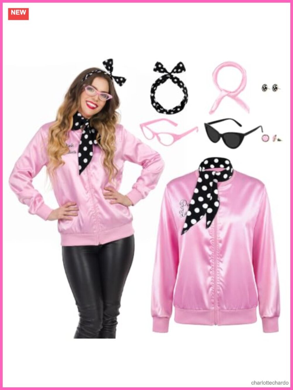 1950s Pink Ladies Satin Jacket Set Polka Dot Scarves Glasses Headband